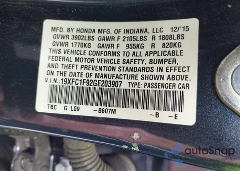 2016 Honda Civic Touring z USA, uszkodzony, nr VIN 19XFC1F92GE203907